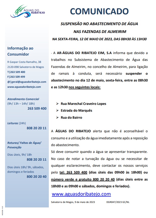 Imagem Suspensão no abastecimento de água nas Fazendas de Almeirim