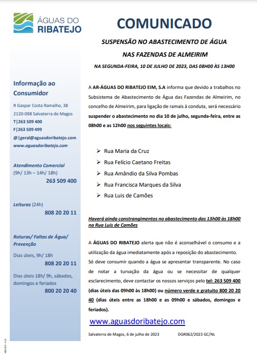 Imagem Suspensão no Abastecimento de Água nas Fazendas de Almeirim