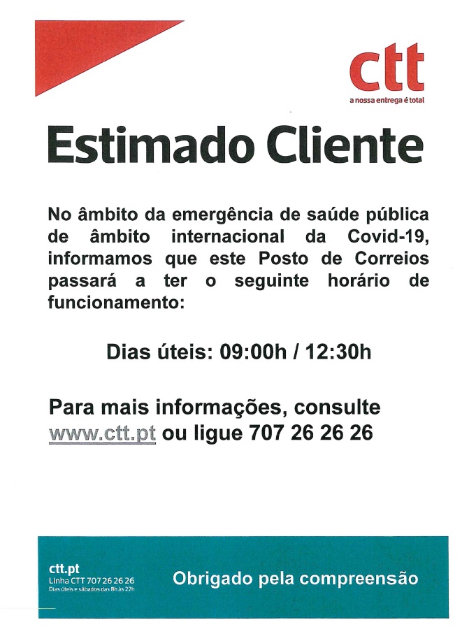 Imagem Horário de funcionamento Posto dos CTT