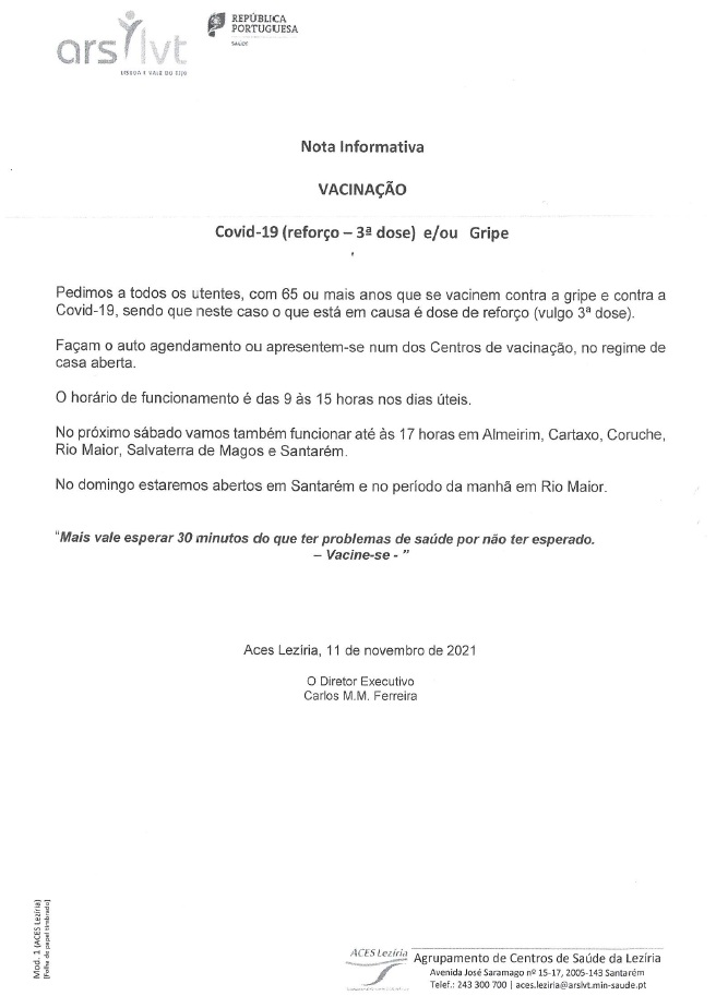 Imagem Nota Informativa - Vacinação Covid-19 (reforço - 3ª dose) e/ou Gripe